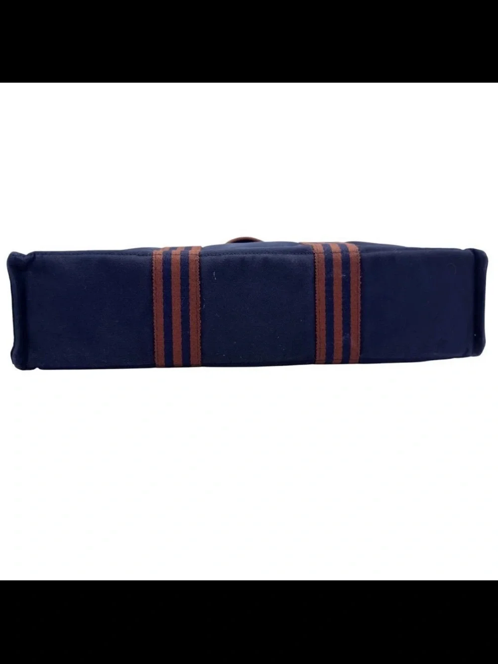 Hermes Navy Canvas Tote with Brown Striped Web Handles